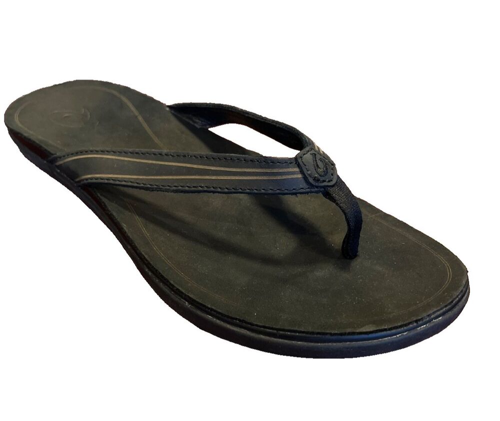 Olukai Aukai Women's Black Leather Flip Flops Size 7 Sandals